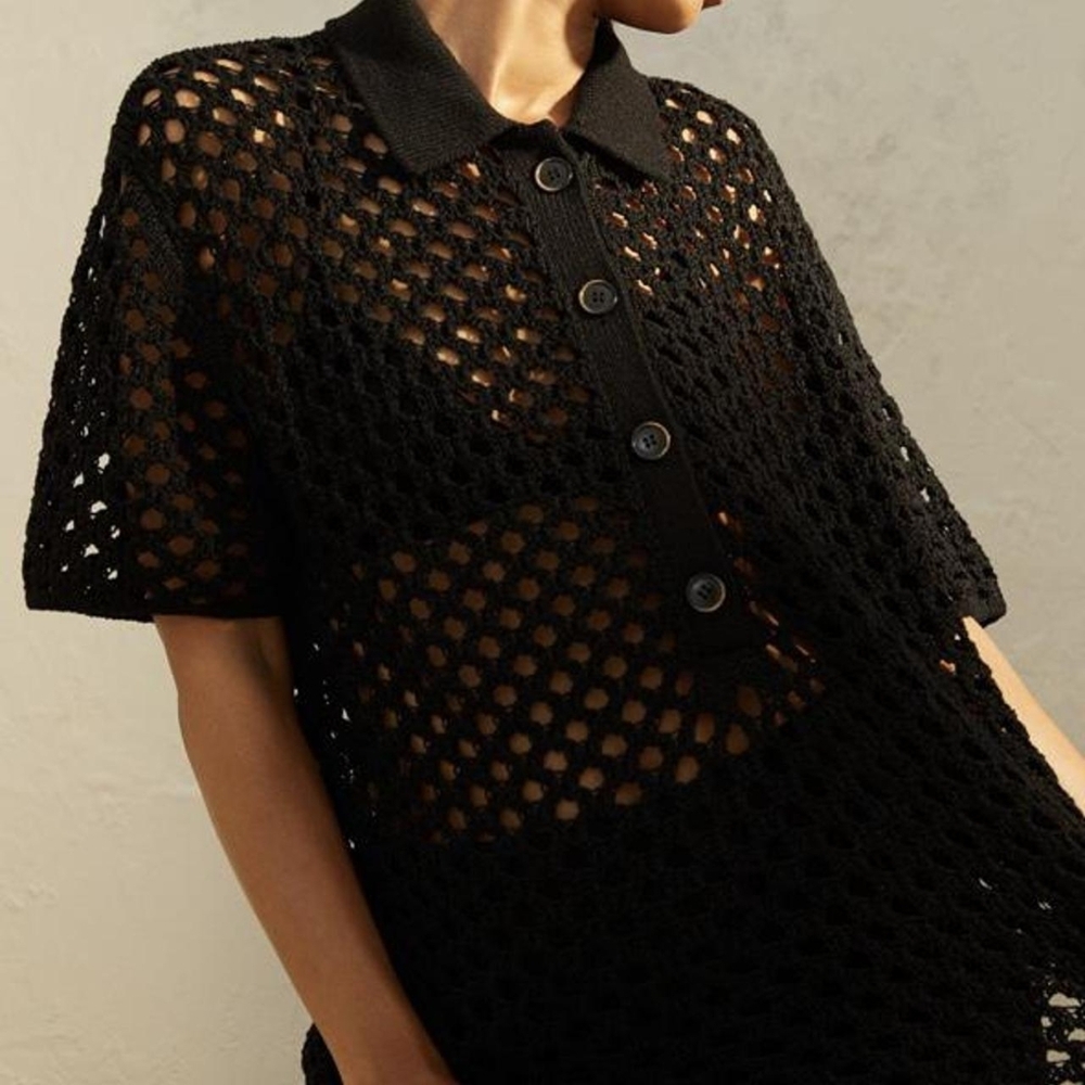 H&M Black Crochet Knit Polo Top